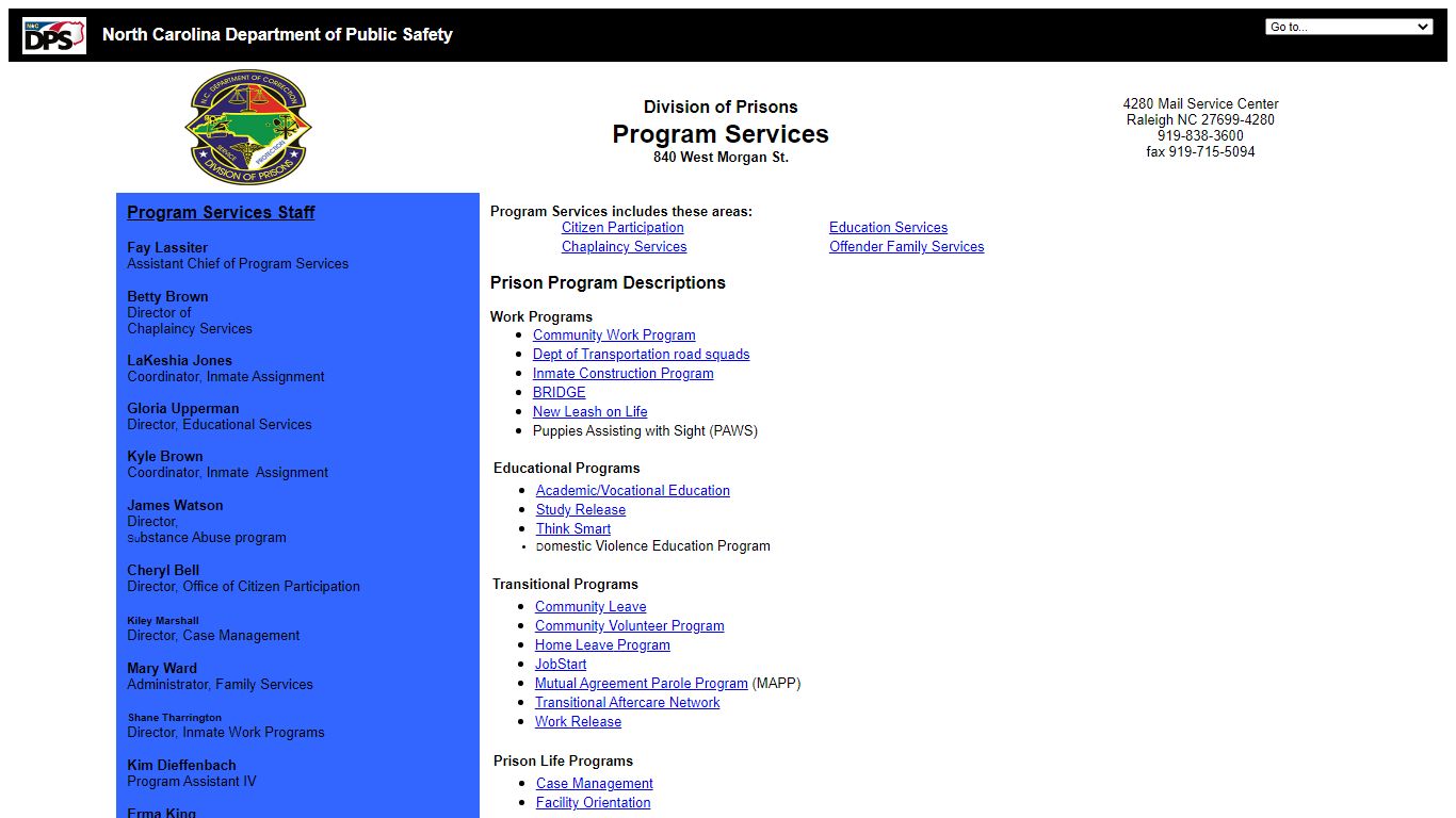 Program Services - NC Division of Prisons